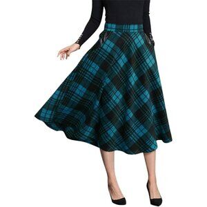 Womens Mid-calf Blue Elastic Waist A-Line Pleated Tartan Long Plaid Wool Skirt